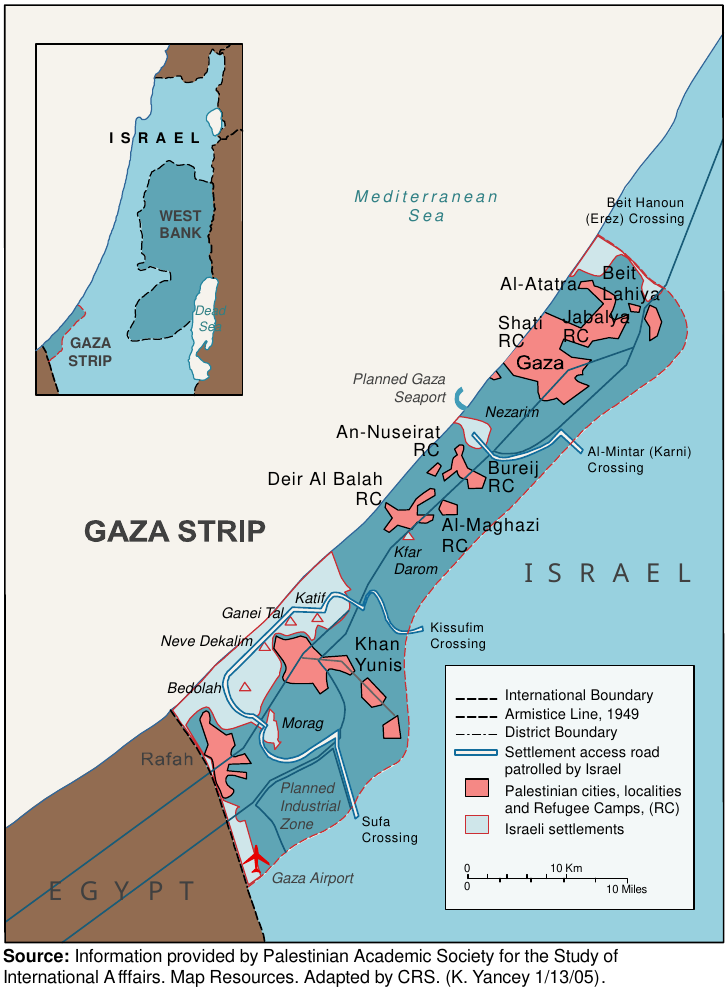 A map of Israeli settlements in Gaza in 2005.