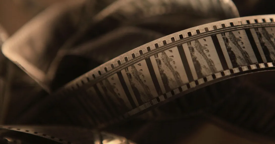 Film strip of a black-and-white Palestinian film as part of a project to revive Cinema Jenin in the West Bank.