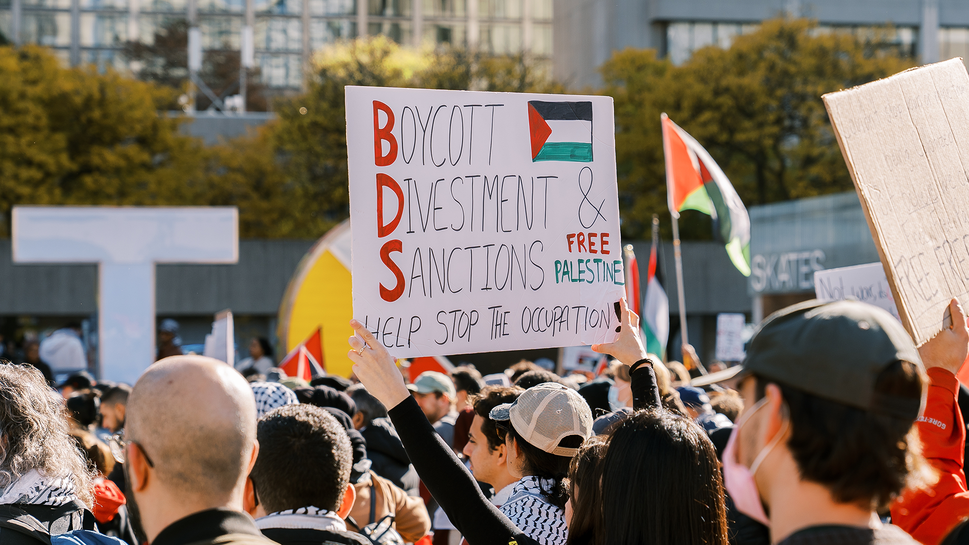 A woman in a protest carries a sign that says "Boycott, Divestment, Sanctions - Help Stop the Occupation - Free Palestine."