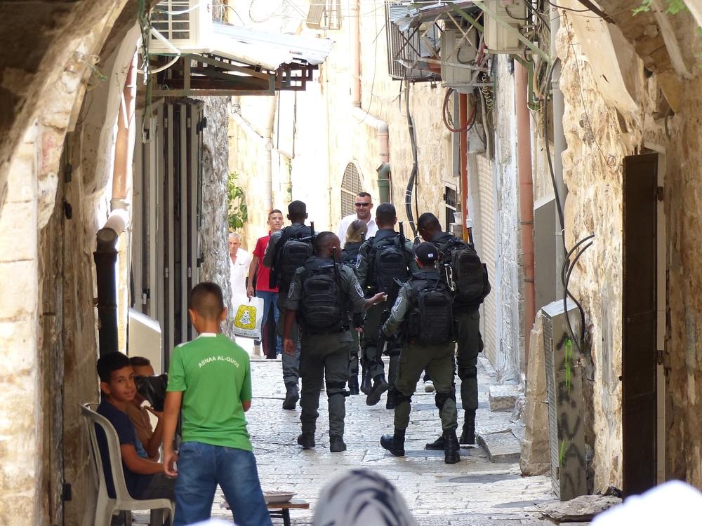 Israeli forces patrol the Via Dolorosa in Jerusalem.