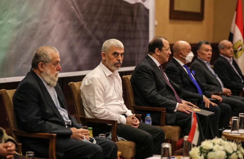 Meeting of senior Palestinian leaders and Egyptian intelligence officials in Gaza. Among those pictured include Hamas leader Yahya Sinwar, Palestinian Islamic Jihad (PIJ) leader Nafiz Azzam, Fatah leader Abu Maher Heles, and Egyptian Major General Abbas Kamel.