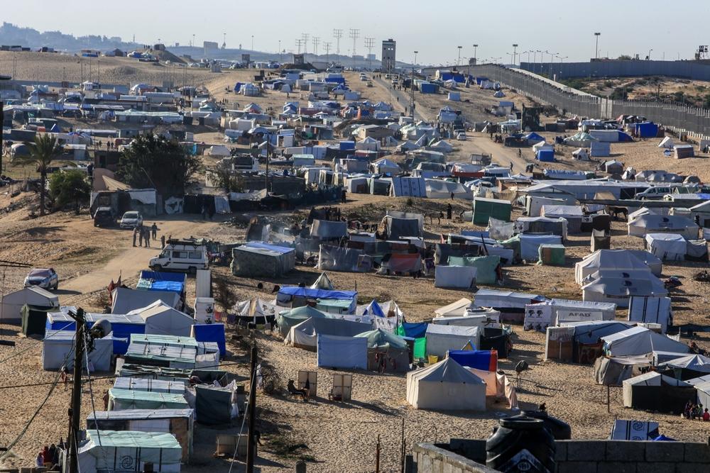 Aerial view of tents set up by displaced Palestinians in Rafah, near the border with Egypt.