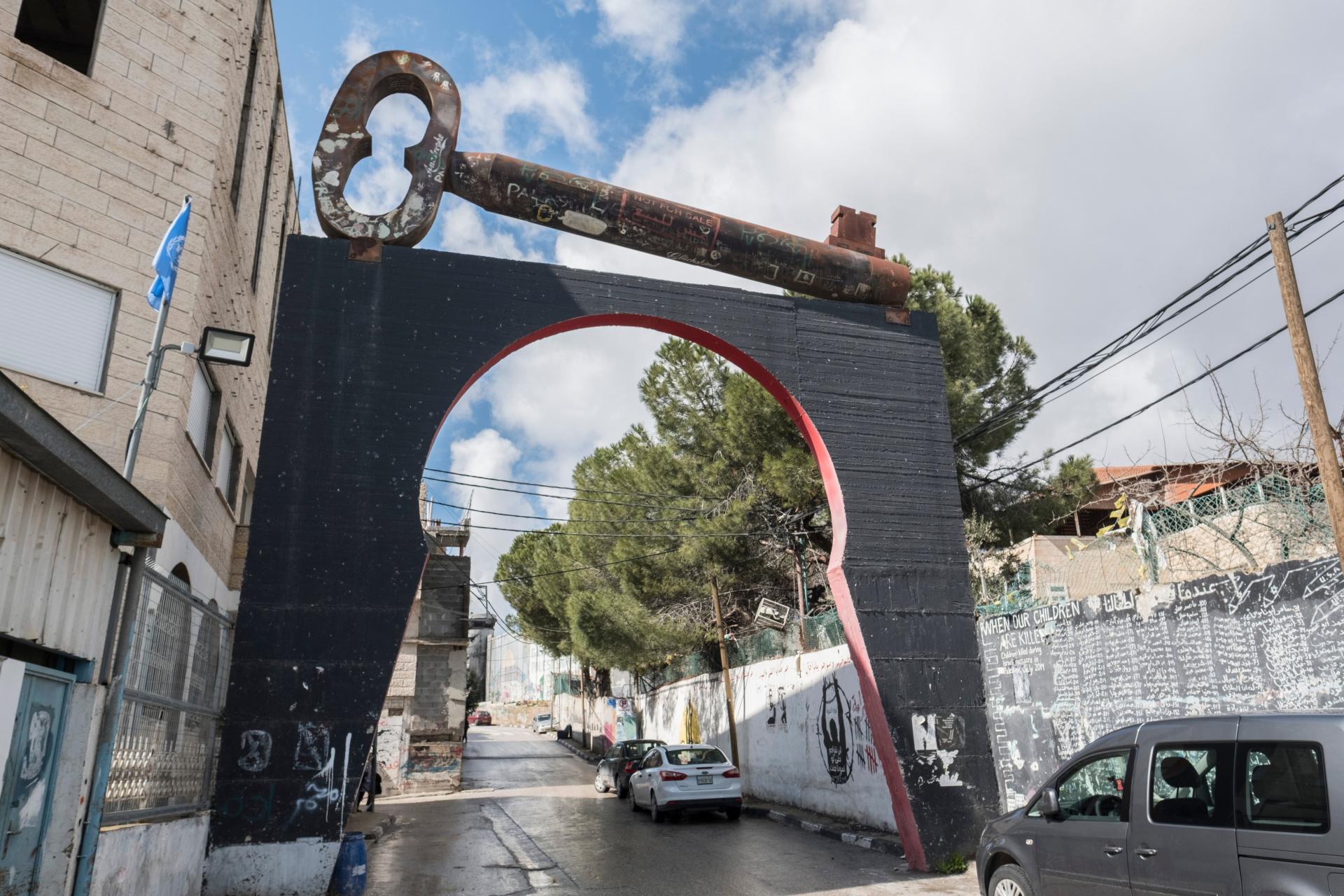 Key of Return Arch at the Aida Refugee Camp in Bethlehem.