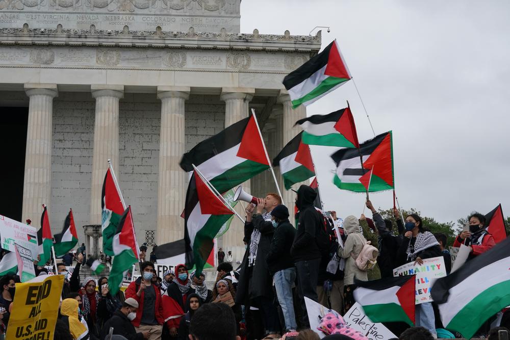 Large protest on the steps of the Lincoln Memorial against Israel's genocide in Gaza, many people are carrying Palestinian flags.
