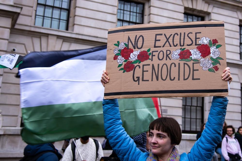 Protestor carries a sign that says "no excuse for genocide," another waves a Palestinian flag in the background.