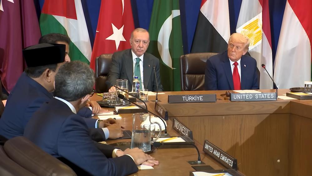 Turkish President Recep Tayyip Erdogan and US President Donald Trump sit side-by-side at a meeting with representatives of Qatar, Indonesia, the United Arab Emirates (UAE) and other delegations at United Nations (UN) headquarters in New York. September 2025.