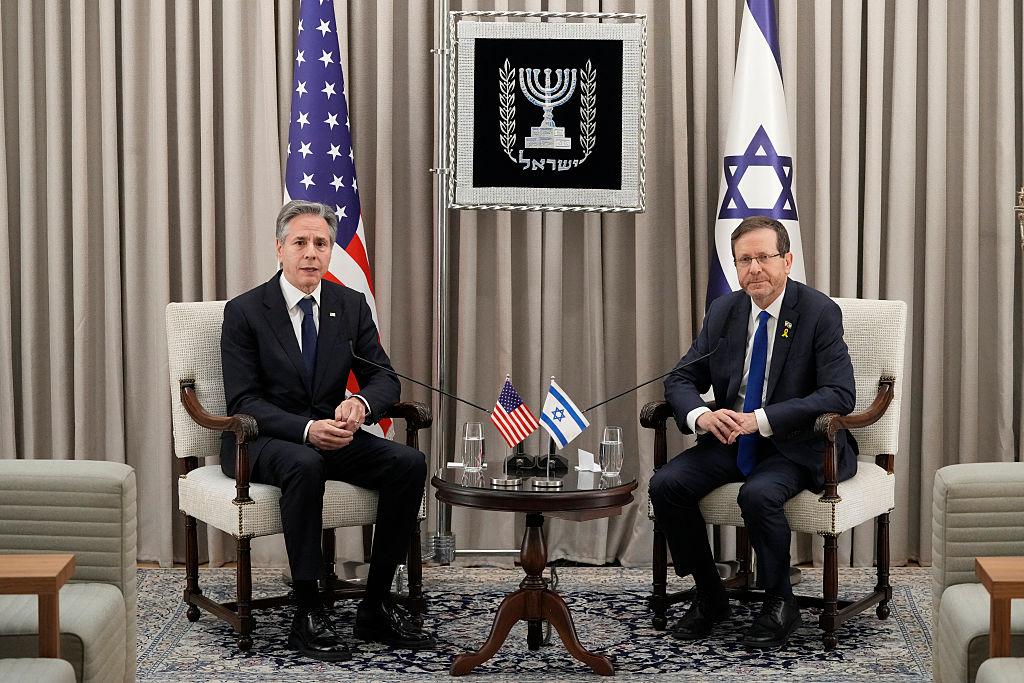 US Secretary of State Antony Blinken and Israeli President Isaac Herzog on Blinken's Middle East regional tour during Israel's genocide in Gaza. February 2024.