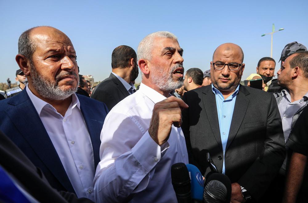 Head of the Hamas Movement in Gaza, Yahya Sinwar, appears alongside fellow Political Bureau leaders Khalil Al-Hayya and Zakaria Abu Maamar. May 2021.