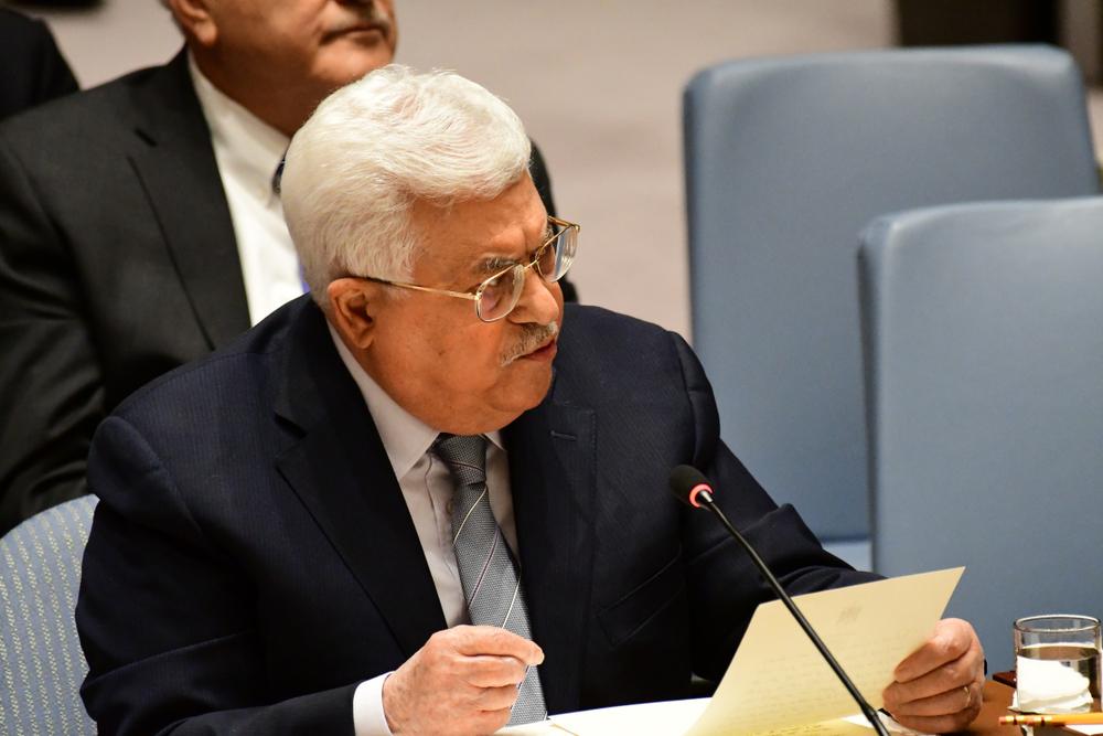 Palestinian Authority (PA) President Mahmoud Abbas addresses the United Nations (UN) Security Council. He is joined by other members of the Palestinian delegation to UN. February 19, 2018.