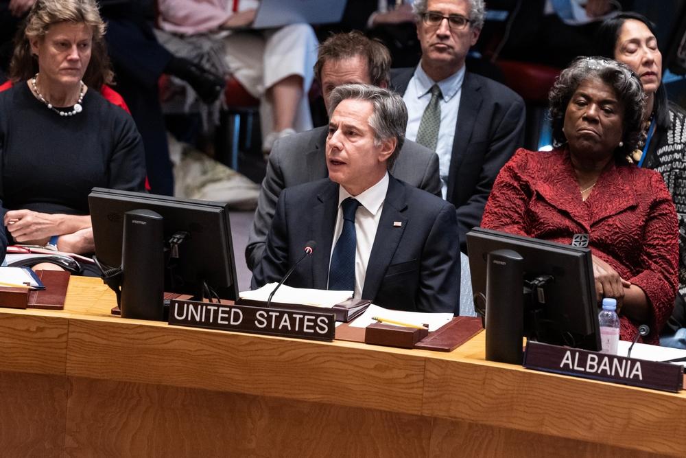 Secretary of State Antony Blinken addresses the United Nations Security Council, pictured alongside UN Ambassador Linda Thomas-Greenfield and members of the US delegation to the UN.