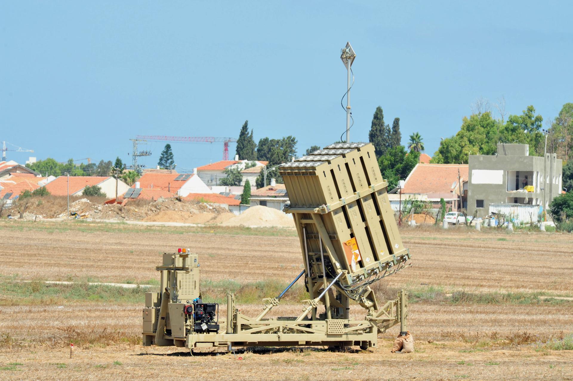 Image of the Iron Dome missile firing unit displaying the name of Israeli defense company Rafael Advanced Defense Systems, funded by US taxpayer dollars, in Askhelon. 