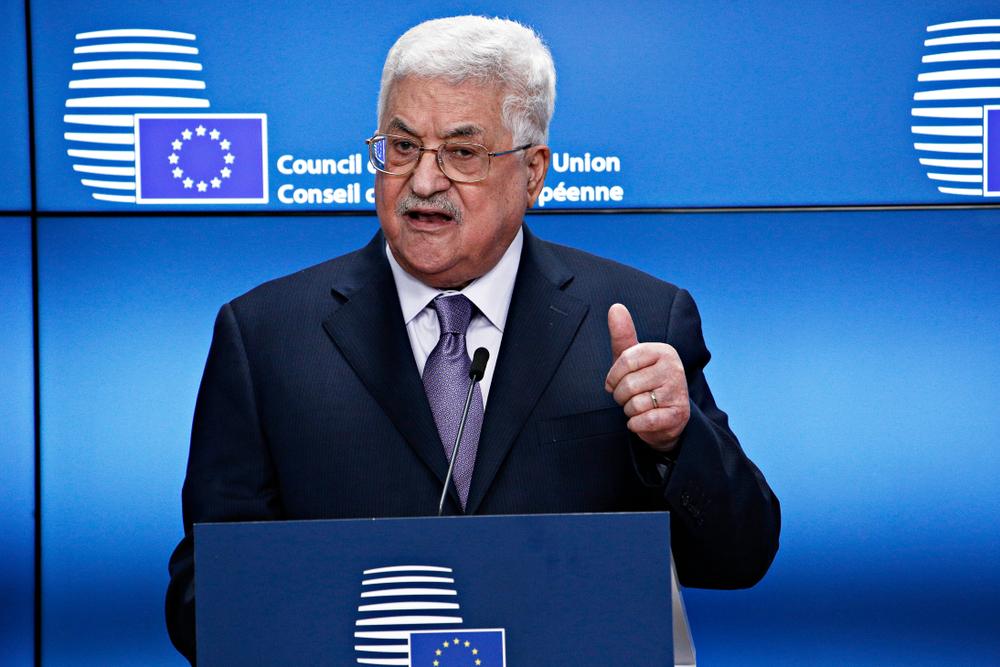 Palestinian Authority (PA) President Mahmoud Abbas addresses leaders at the European Union (EU) headquarters in Brussels, Belgium.