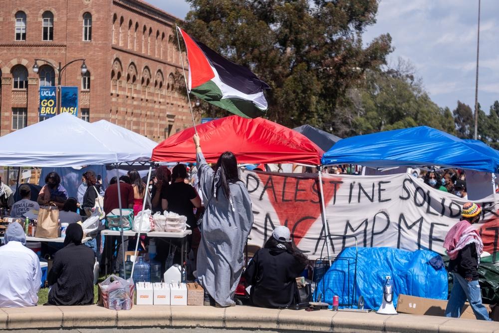Palestine solidarity encampment protesting Israel's genocide in Gaza, image shows tents at UCLA encampment.