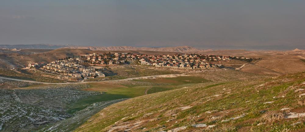 Panoramic view of the Israeli West Bank settlement of Maale Adumim, surrounded by vast swaths of hilly territory which was seized from Palestinians. 2017.