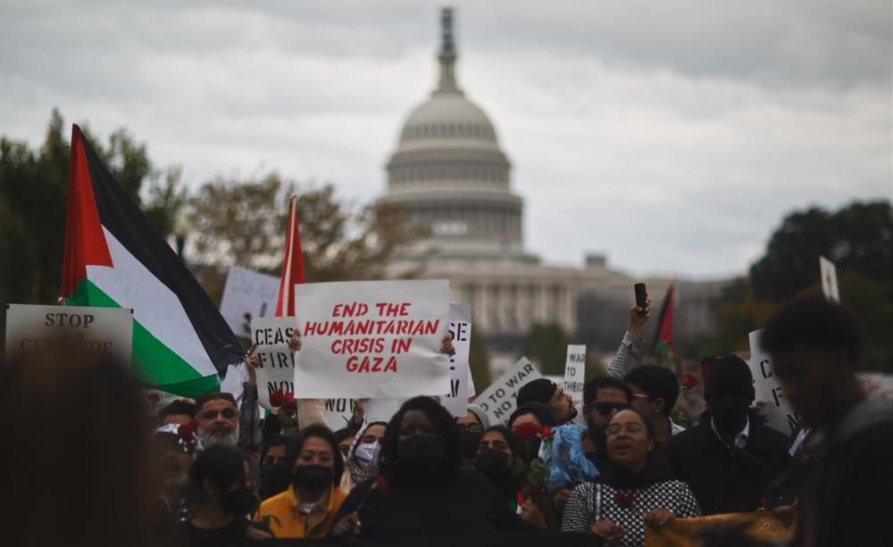 Washington DC rally demanding a ceasefire in Gaza with the Capitol Building in the background. One poster says "end the humanitarian crisis in Gaza."