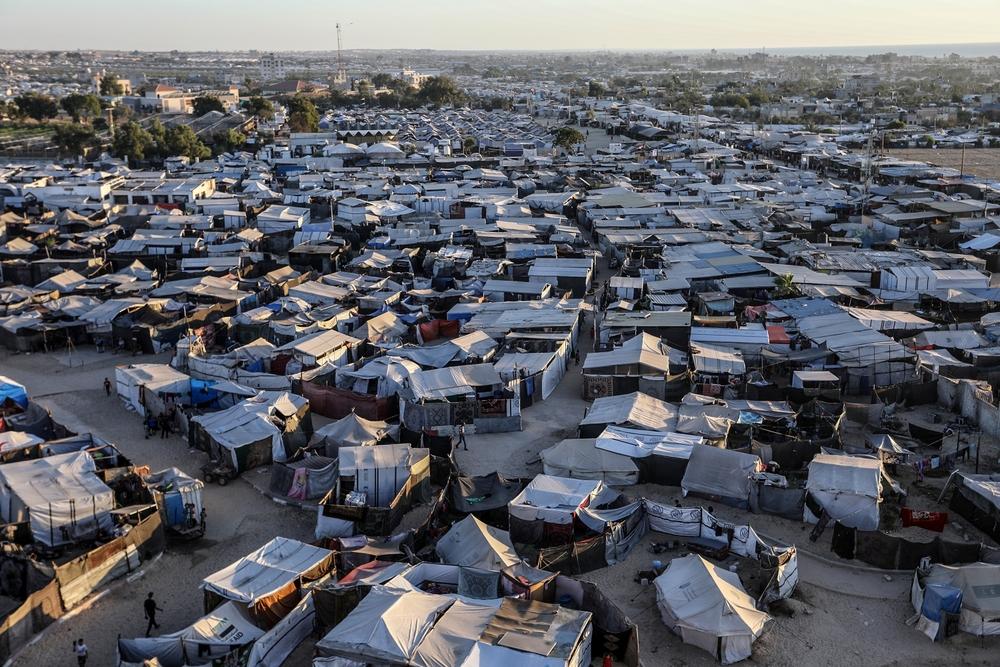 Aerial view of the crowded refugee camp in the Mawasi area of Khan Yunis, filled with tents set up by displaced Palestinians. July 6, 2025.