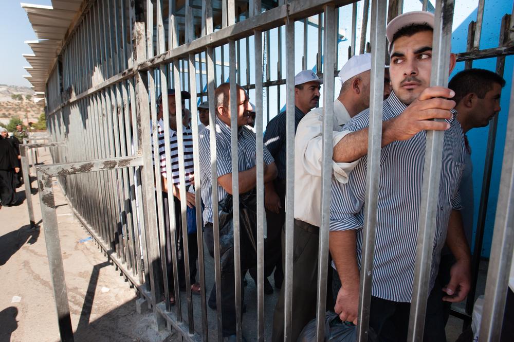 Palestinian men wait at a crowded West Bank checkpoint, held between narrow steel bars.