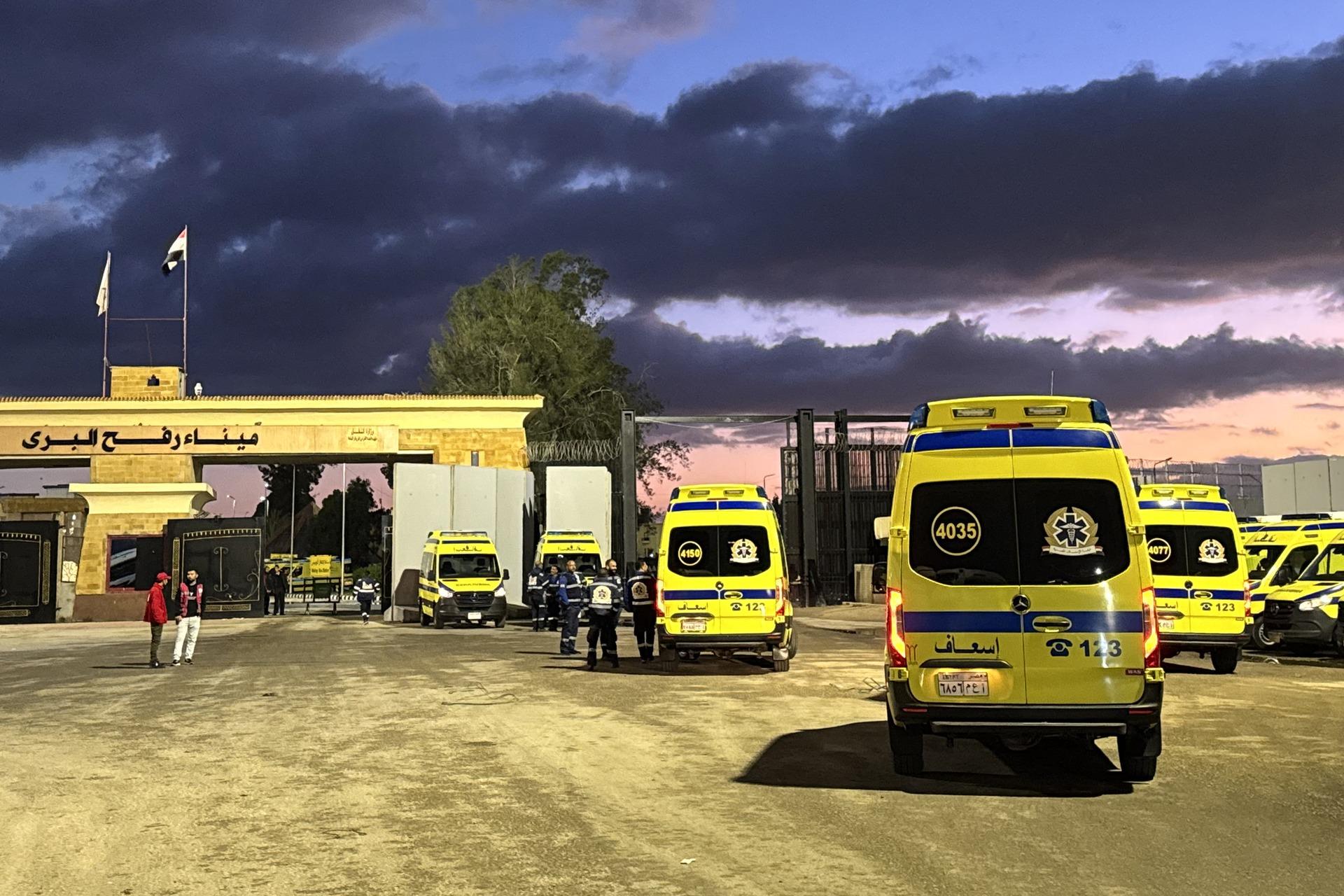 On the Egyptian side of the Rafah Crossing, ambulances wait for Israel to allow the border to open in order to transfer patients into Egypt for life-saving medical treatment.
