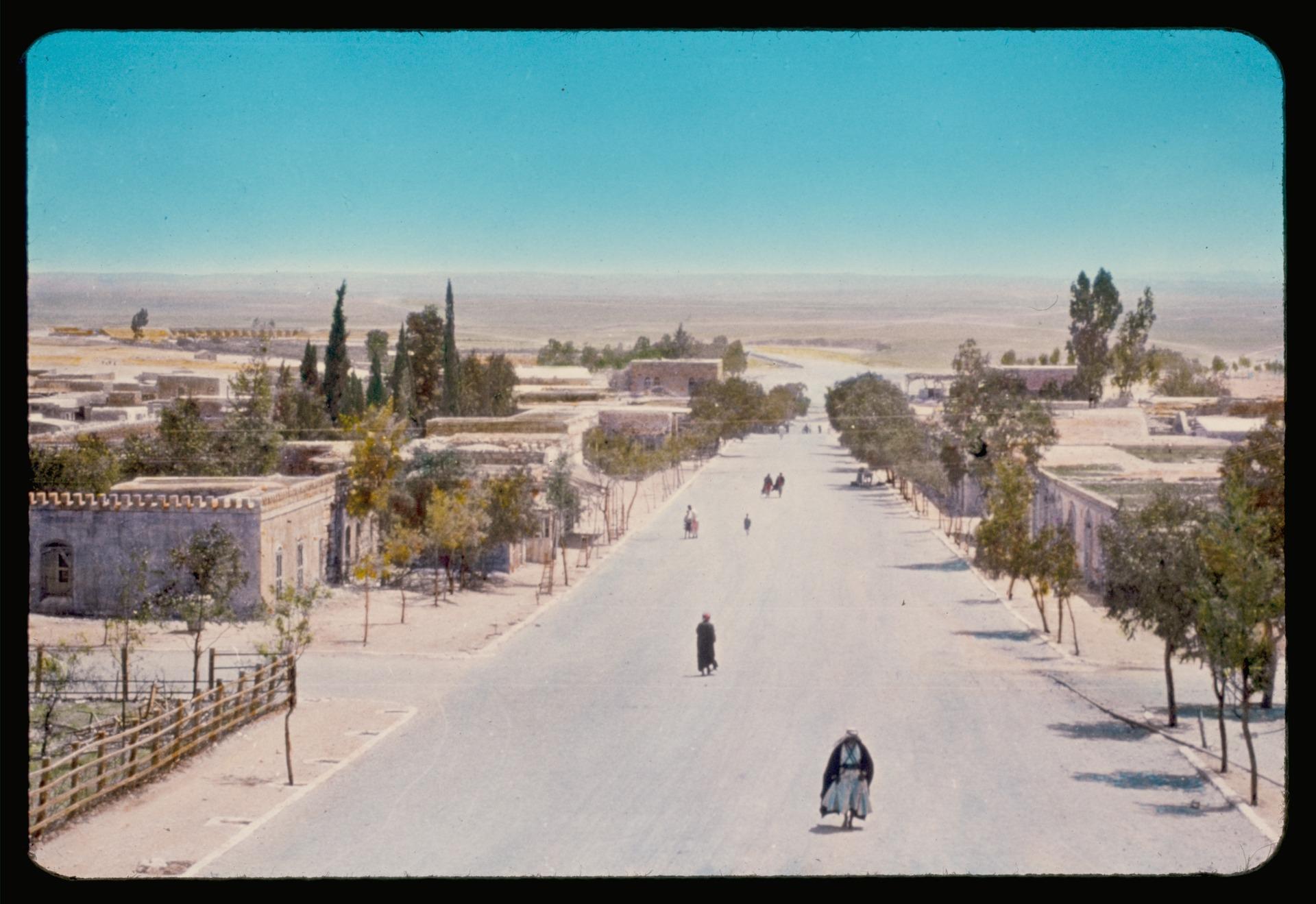 A colorized historical aerial photo of Beersheba, Palestine.