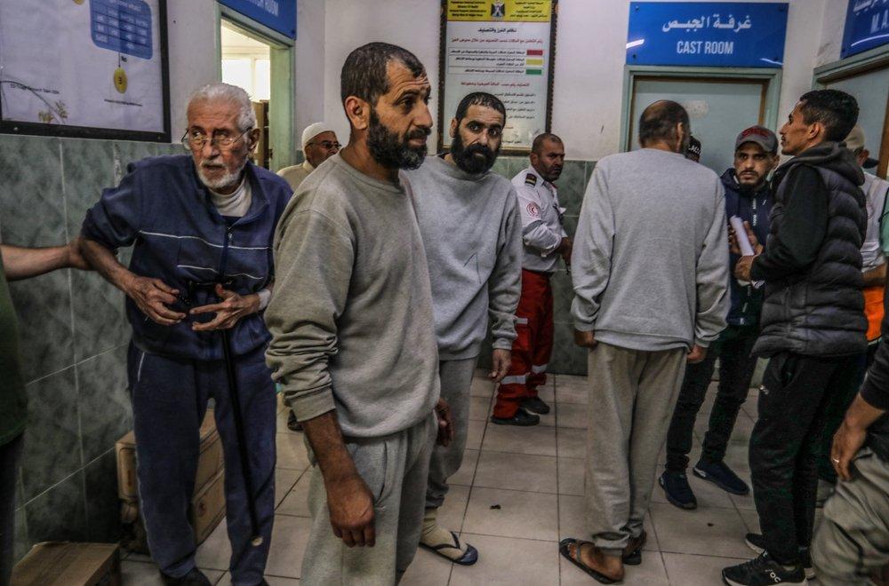 Palestinian prisoners kidnapped from the Gaza Strip by the Israeli military return home, pictured at Al-Najjar Hospital in Rafah.