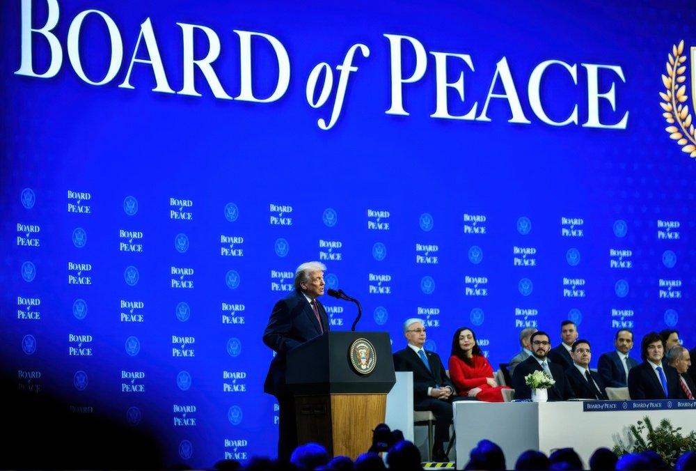 President Trump addresses an audience at the Board of Peace Charter Announcement and Signing Ceremony in Davos, Switzerland as part of the World Economic Forum annual meeting. He is joined by other heads of state involved with the Board of Peace. January 22, 2026.