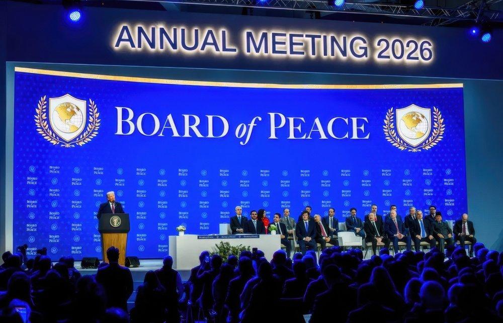 President Trump addresses an audience at the Board of Peace Charter Announcement and Signing Ceremony in Davos, Switzerland. He is joined by other heads of state involved with the Board of Peace. January 22, 2026.