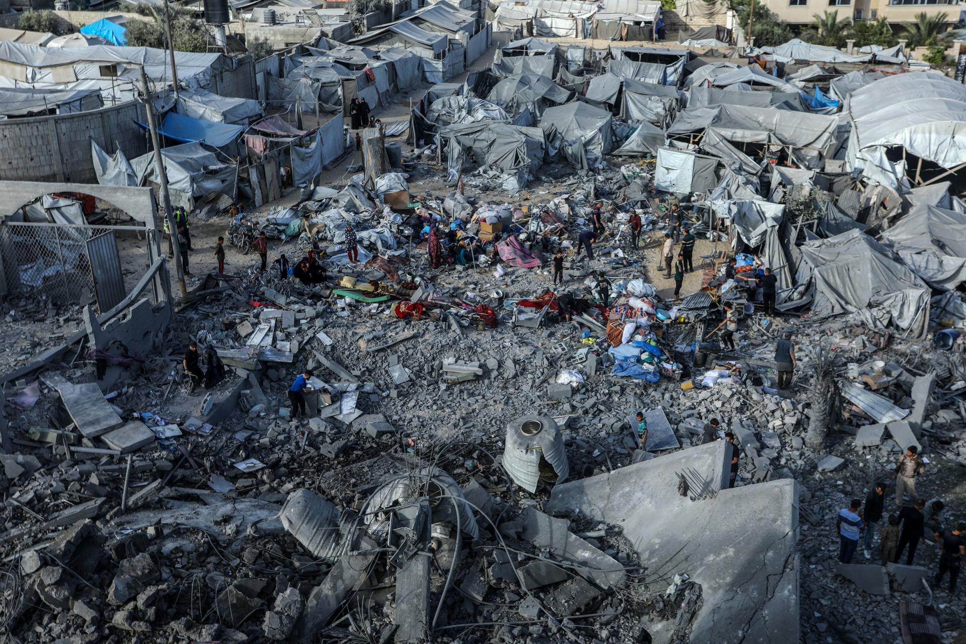 An aerial view of the aftermath of an Israeli airstrike on a displacement tent encampment in Al-Mawasi, Khan Yunis on June 7, 2026.
