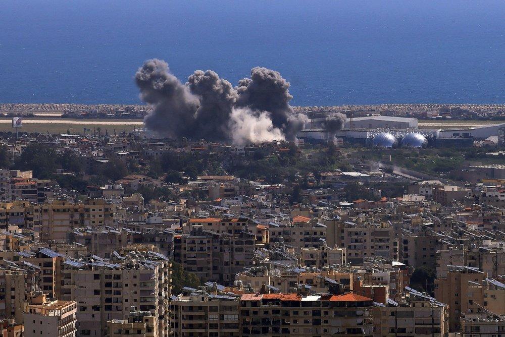 Aerial view of smoke rising in the aftermath of an Israeli airstrike on the Dahiyeh, or southern suburbs of Beirut as pictured from Baabda, Lebanon. April 11, 2026.