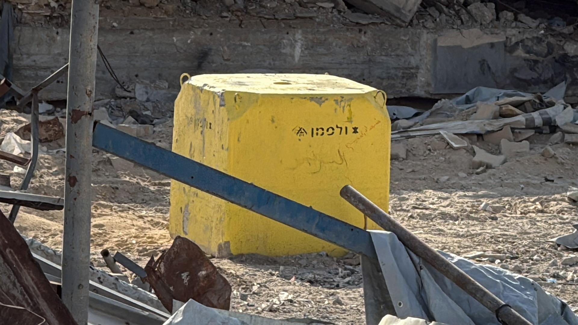 A view of a yellow concrete block used by the Israeli military to mark the yellow line, gradually pushed further and further into Palestinian land in Gaza by Israel.