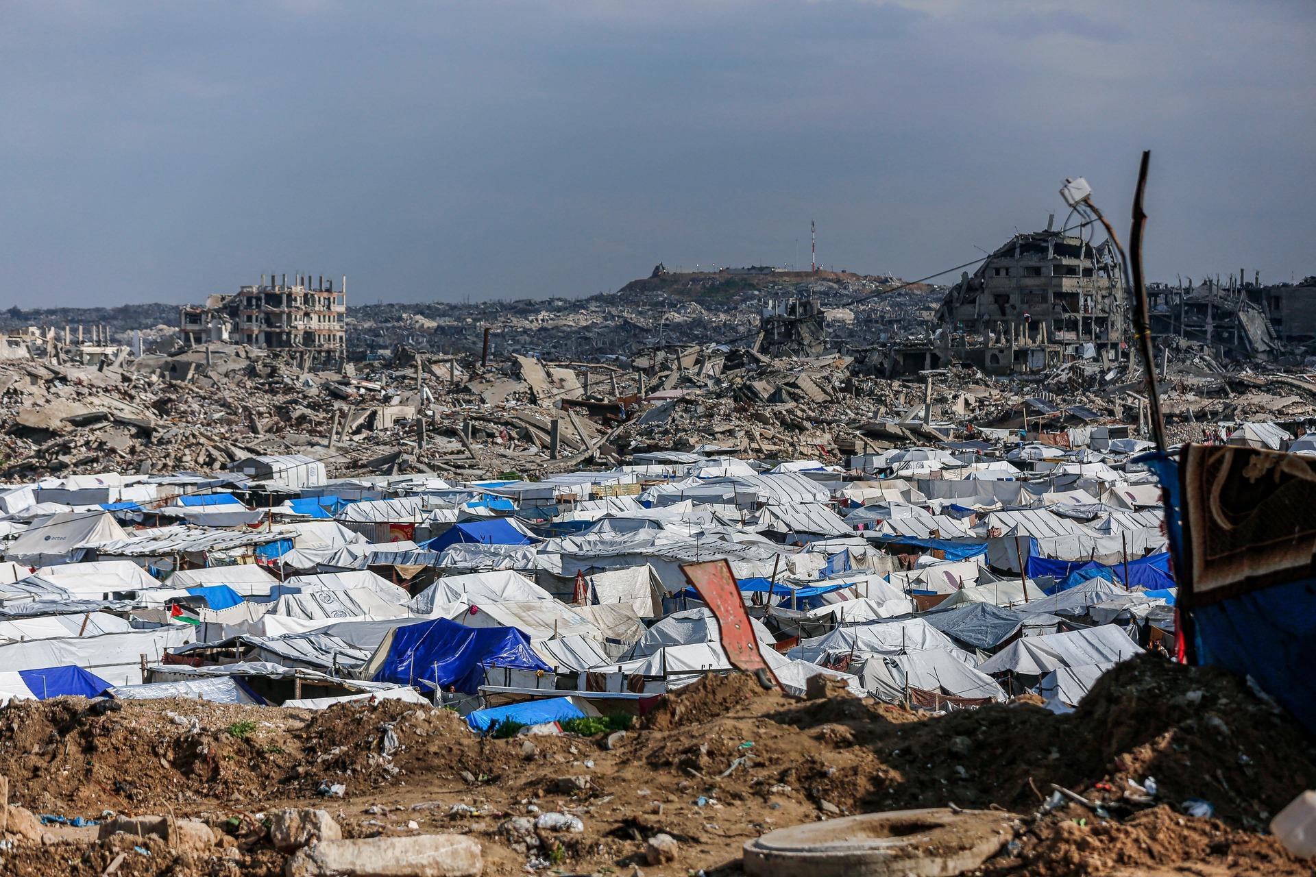 A view of displacement tents surrounded by the utter decimation of Gaza City's Zeitoun neighborhood. January 19, 2026.