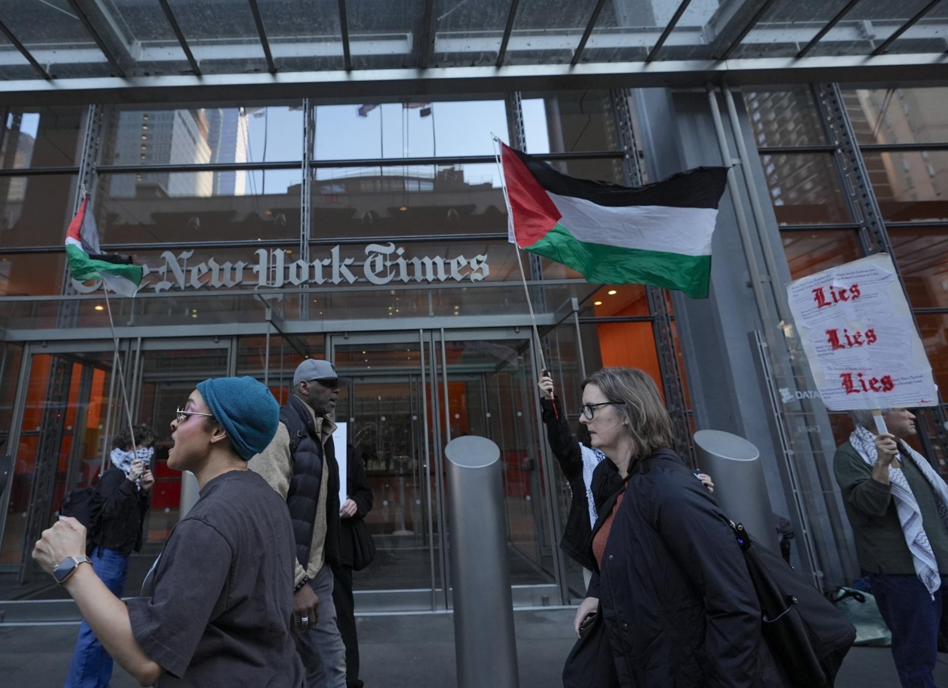  Pro-Palestine activists rally outside the New York Times building to protest the newspaperâs coverage of Israelâs war in Gaza and Iran in New York City, United States, on March 09, 2026. 