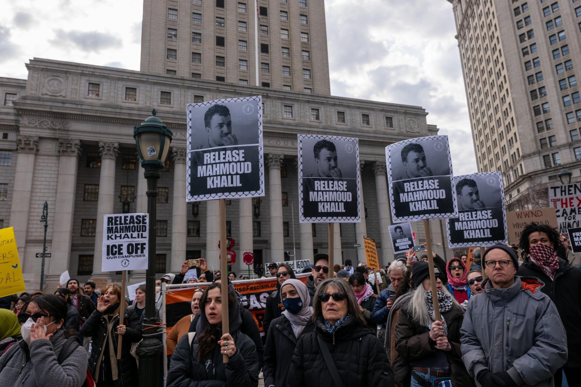 Hundreds turn out outside of a New York court to protest the arrest and detention of Mahmoud Khalil, a green card holder and recent Columbia graduate who played a role in pro-Palestinian protests at the university on March 12, 2025 in New York City. 