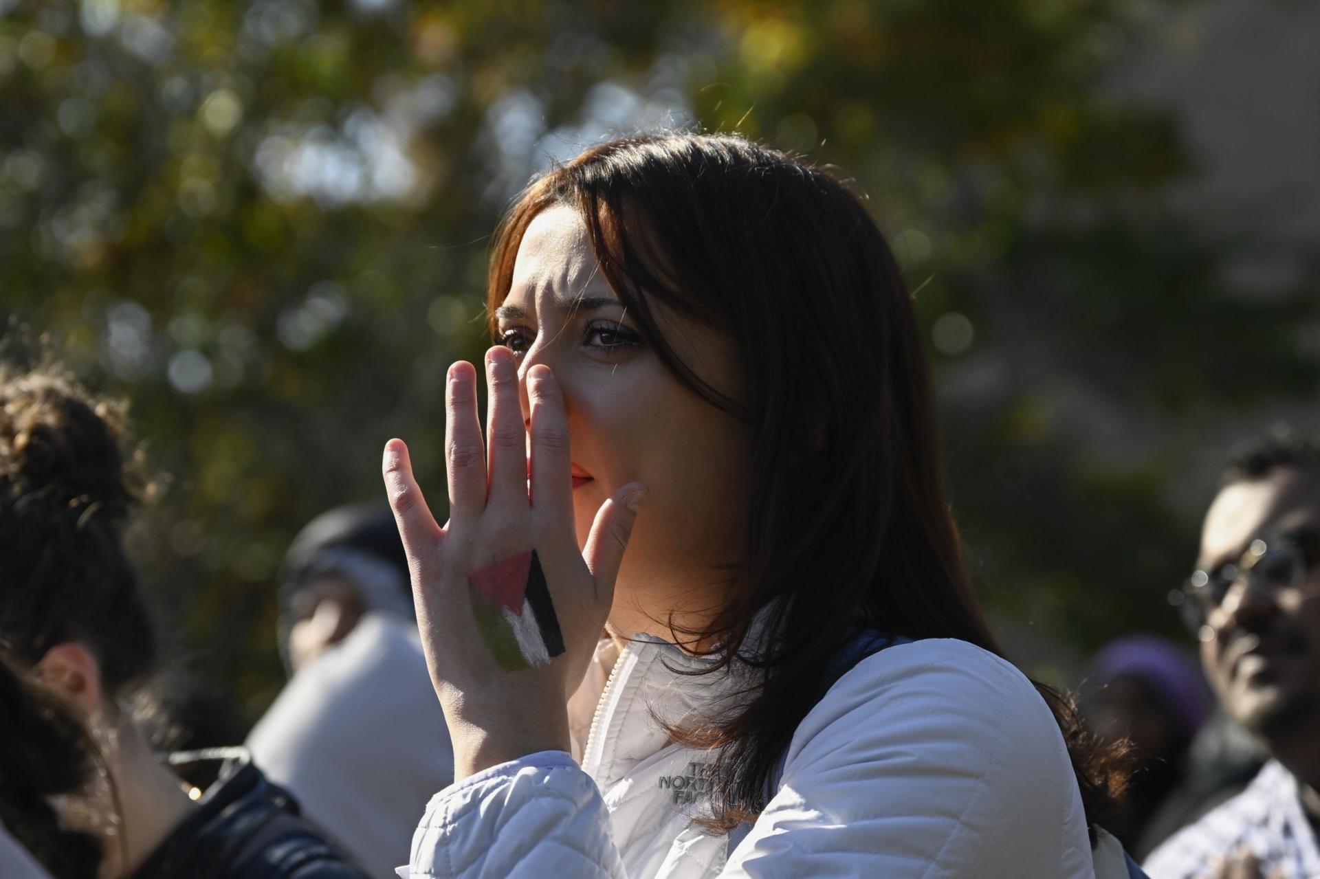  Students of American University attend a campus protest against ongoing Israeli attacks on Gaza in Washington, D.C., United States on November 01, 2023.