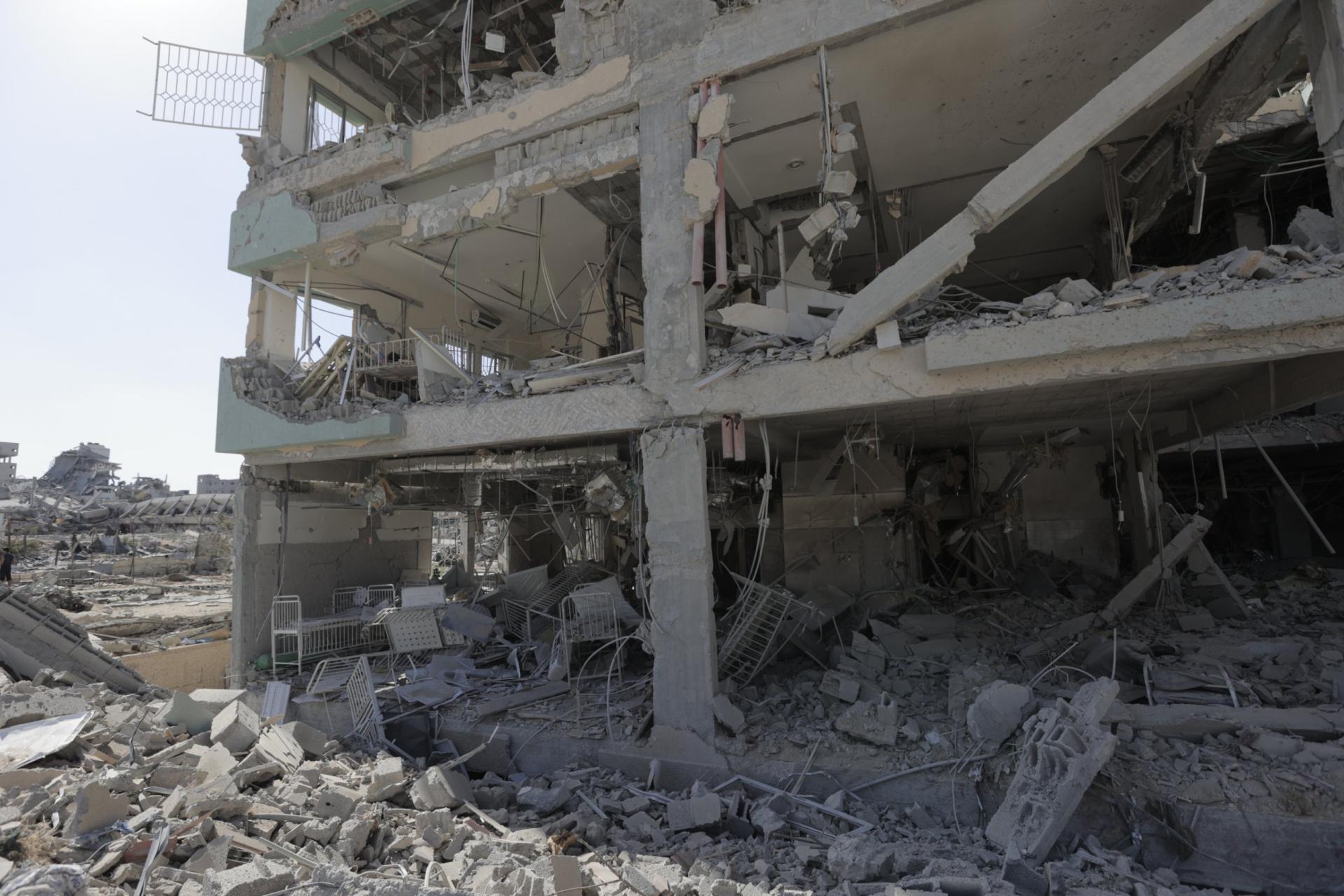 A general view of the Rantisi Children's Hospital in Gaza City, Gaza, reveals heavy destruction left behind by Israeli forces following their withdrawal after the ceasefire agreement, on October 11, 2025. The Israeli army had targeted the upper floors of the hospital on September 17, causing significant damage to both the building and medical equipment inside. 