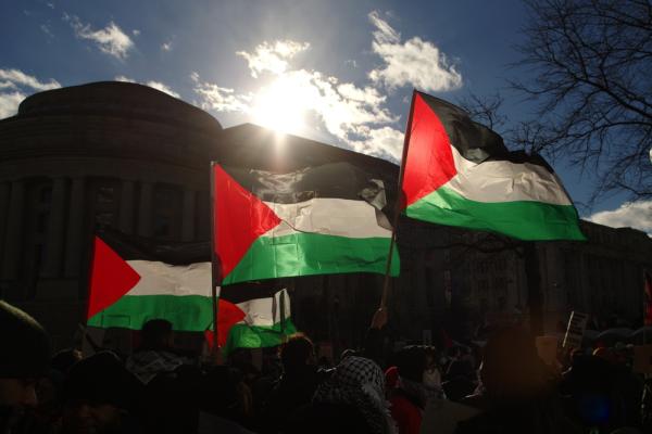 Palestinian flags waving at a protest in Washington DC.