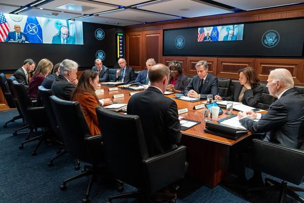 Meeting in the White House Situation Room between President Biden and his national security team, including Vice President Kamala Harris, Secretary of State Antony Blinken, UN Ambassador Linda Thomas-Greenfield, and other key advisors.