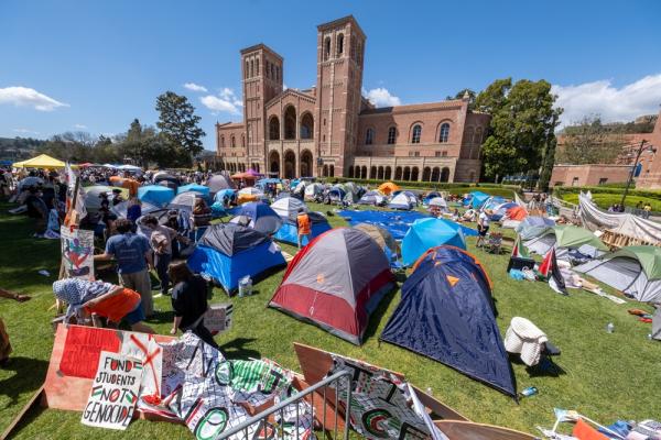 View of the Palestine solidarity encampment held at UCLA, demanding an end to Israel's genocide in Gaza.