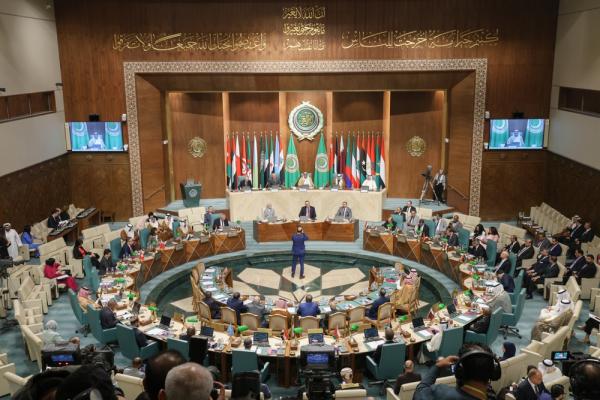 Overhead view of the Arab Information Ministers Council convened at the Arab League Headquarters in Cairo, Egypt.