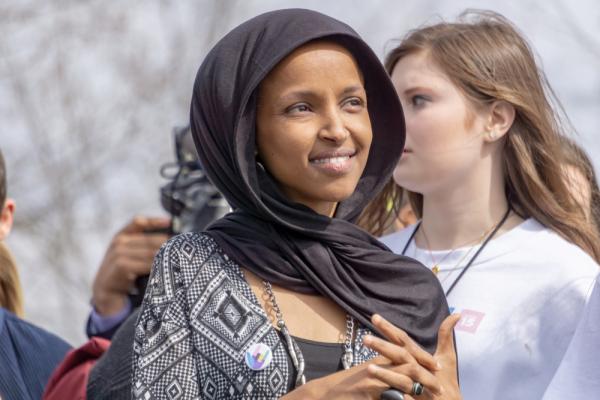 Representative Ilhan Omar appears at a rally in Washington DC, March 2019.