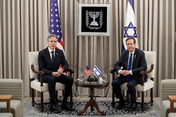 US Secretary of State Antony Blinken and Israeli President Isaac Herzog on Blinken's Middle East regional tour during Israel's genocide in Gaza. February 2024.