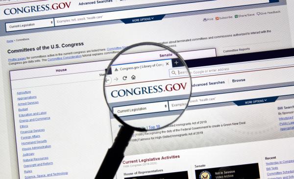 Congress.gov homepage, with a magnifying glass over its database search bar.