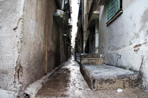 View of a narrow alleyway of a Palestinian refugee camp in Jordan.