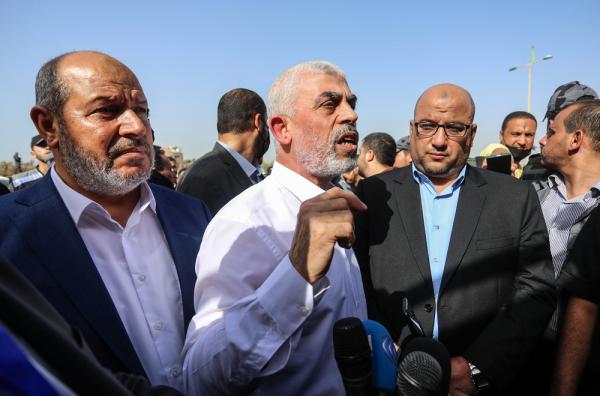 Head of the Hamas Movement in Gaza, Yahya Sinwar, appears alongside fellow Political Bureau leaders Khalil Al-Hayya and Zakaria Abu Maamar. May 2021.
