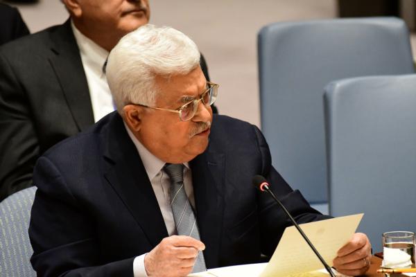 Palestinian Authority (PA) President Mahmoud Abbas addresses the United Nations (UN) Security Council. He is joined by other members of the Palestinian delegation to UN. February 19, 2018.