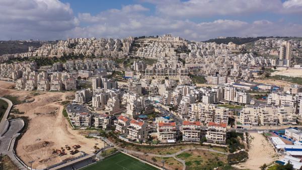 Aerial view of the Israeli West Bank settlement known as Har Homa, officially named Homat Shmuel, and its many buildings, near Bethlehem.
