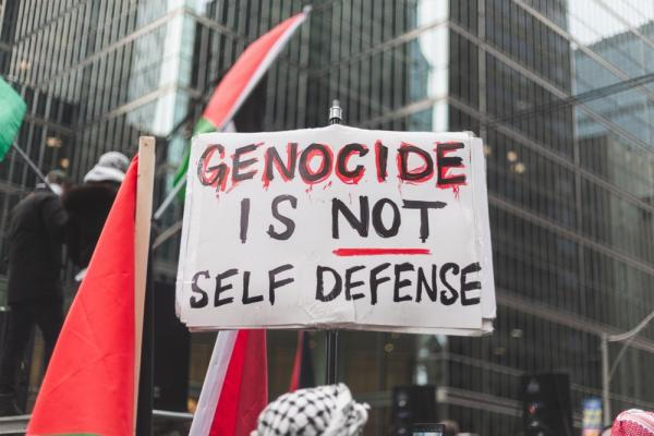 A protest sign reads "GENOCIDE IS NOT SELF-DEFENSE" with a Palestinian flag waving in the background.