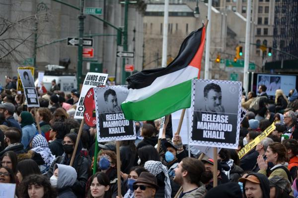 Protest outside a federal court demanding the release of Palestinian activist Mahmoud Khalil.
