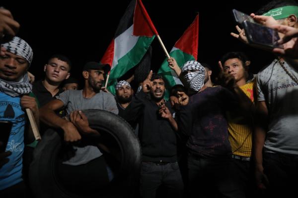 Palestinian men protest, waving flags and wearing kuffiyehs.