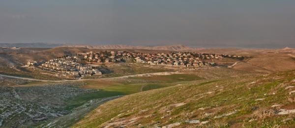 Panoramic view of the Israeli West Bank settlement of Maale Adumim, surrounded by vast swaths of hilly territory which was seized from Palestinians. 2017.