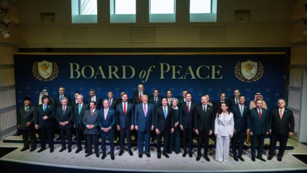 At a Washington DC event inaugurating the Board of Peace, President Trump appears alongside administration officials and BOP members, including: Secretary of State Marco Rubio, Vice President JD Vance, Middle East Envoy Steve Witkoff, White House Chief of Staff Susie Wiles, Argentine President Javier Milei, Hungarian Prime Minister Viktor Orban, Azerbaijani President Ilham Aliyev, Kosovar President Vjosa Osmani, Turkish Prime Minister Hakan Fidan, and Indonesian President Prabowo Subianto.